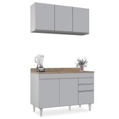 Armário de Cozinha Aéreo Virgínia e Balcão Com Tampo 120cm Michigan Cinza Claro/Castanho - Lumil
