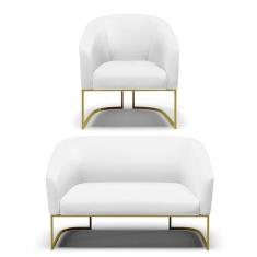 Sofá Namoradeira E Poltrona Base Industrial Dourado Stella Corino Branco D03 - D`rossi
