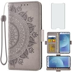 Asuwish Capa de telefone para Samsung Galaxy J7 Pro J730G capa carteira protetora de tela de vidro temperado suporte de cartão de crédito bolsa flip alça de pulso suporte acessórios de celular J7pro J