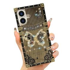 TRODINO Linda capa compatível com iPhone 16, borboleta brilhante de luxo com suporte dobrável para mulheres e meninas, capa protetora à prova de choque espelhada brilhante para iPhone 16-6,1 polegadas