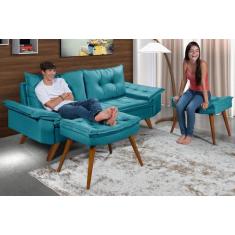 Sofá Bariloche 3 Lugares em Suede + Duas Banquetas Rubi - Essencial Es