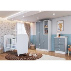 Quarto de Bebê Completo com 1 Berço 1 Cômoda 1 Guarda Roupa Arco-Íris Móveis Percasa Branco/Azul