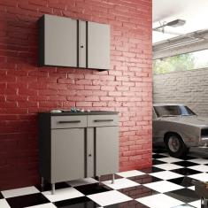 Conjunto Armário Aéreo 2 Portas com Balcão 2 Portas 2 Gavetas Multibox Telasul Cinza