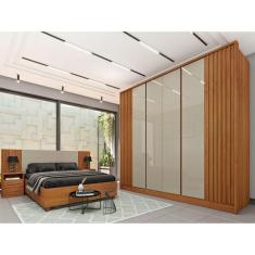 Quarto Casal Ripado Guarda-Roupa 6 Portas Com Cama e Cabeceira Cinamomo