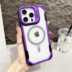 Suporte de câmera capa transparente acrílica magnética para iPhone 15 13 Pro Max 14 Plus capa de telefone transparente em cor contrastante, roxo escuro, para iPhone 15 ProMax