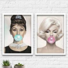 Kit 2 Quadros Audrey e Marilyn Chicletes 45x34cm - Quadros On-line, A3