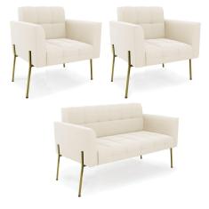 Sofá Namoradeira E 2 Poltronas Pé De Ferro Dourado Elisa Veludo Bege D03 - D'rossi