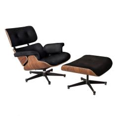Poltrona Charles Eames Com Puff Couro Natural Preto Cor Preto