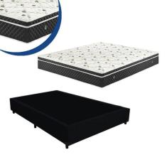 Cama Box Casal Colchão Espuma D33 Bordado + Box Sintético Preto 44x138x188