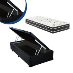 Cama Box Baú Solteiro Colchão Molas Ensacadas + Box Sintético Preto 65