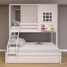 Treliche Casinha Reta Casal/ Solteiro com Cortina Madeira Maciça Branc