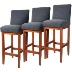 Kit 3 Banqueta Alta Estofada Cozinha Bistrô Tecido Linho Madeira Maciç