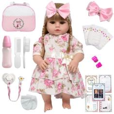 Boneca Reborn Loira Com Vestido Florido Diversos Acessórios - Cegonha 