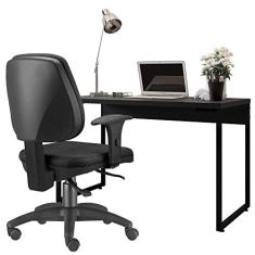 Kit Cadeira Escritório Job Crepe e Mesa Escrivaninha Industrial Soft F01 Preto Fosco - Lyam Decor