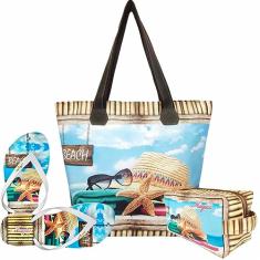 Kit Praia Feminino Chapéu e Estrela-do-Mar com Bolsa, Necessaire e Chinelo, Magicc
