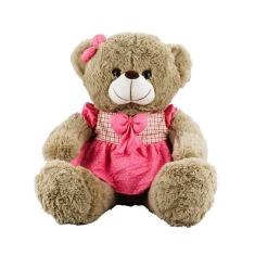 Ursa de Pelúcia Sentada 39cm - Marrom com Vestido Rosa