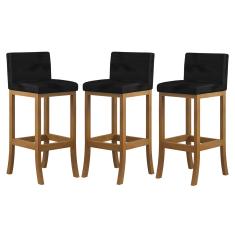 Kit 3 Banquetas Média Encosto Estofado 38x90Cm Ilha Espanha Madeira Maciça Amêndoa Suede Preto CCS
