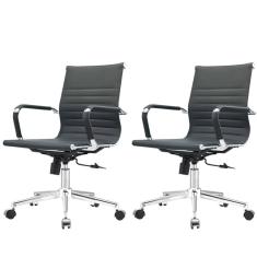 Kit 2 Cadeiras Giratória Baixa Office Manhattan Esteirinha Fratini Revestida em (PU) Preto Base Rodízio