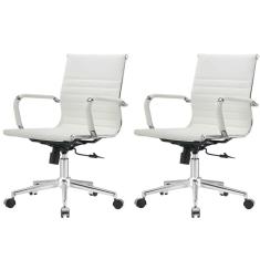 Kit 2 Cadeiras Giratória Baixa Office Manhattan Esteirinha Fratini Revestida em (PU) Branco Base Rodízio