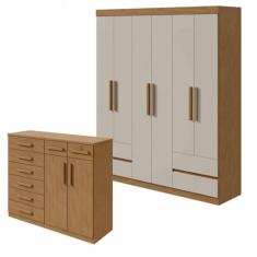 Conjunto de Guarda-roupa 6 Portas 4 Gavetas Zeuse Cômoda 8 Gavetas 2 Portas Toronto Amêndoa Clean/off White