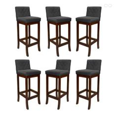 Kit 6 Banquetas Média com Encosto Matelassê Tóquio Madeira Maciça Sued