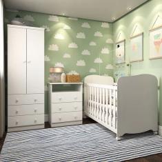 Quarto de Bebê Completo com Berço Americano Uli Guarda Roupa e Cômoda MDF Smim New Móveis Peroba