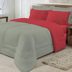 Edredom Solteiro Dupla Face Malha 100% Algodão 1 peça - Cinza/Vermelho