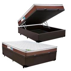 Cama Box Casal com Baú Marrom + Colchão Molas Ensacadas One Side Caribe 66x138x188