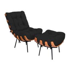 Poltrona com Puff Costela Corano Preto Base Metal Vallisa Decor