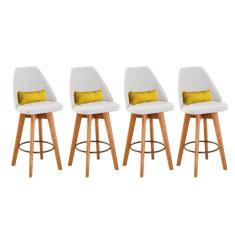 Kit 04 Banquetas Linho Bege E Almofada Suede Amarelo