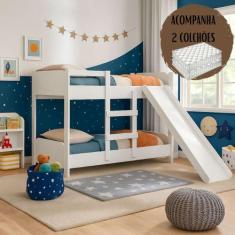Beliche Infantil com Grades Escorregador Escada + 2 Colchões - Anyben,