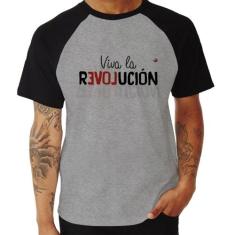 Camiseta Raglan Viva la Revolución - Foca na Moda, Cinza, Preto, M