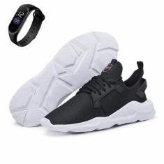 Kit Tenis Para Caminhada Masculino Cadarço Palmilha EVA Confortavel Treino Com Relogio Digital-Masculino
