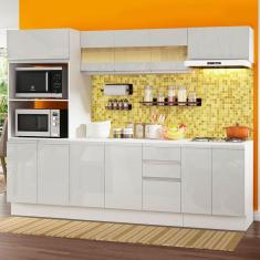 Cozinha Completa 100% MDF Madesa Smart 250 cm Modulada Com Balcão e Tampo - Frentes Branco Brilho 