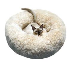 BODISEINT Cama redonda de pelúcia macia moderna para gatos ou cães pequenos, mini cama de tamanho médio para gatos com aquecimento automático outono inverno interior soneca dormindo aconchegante canil