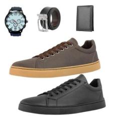 Kit 2 Tênis E Preto Casual +Carteira+Cinto+Relógio-Masculino