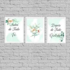 Kit 3 Quadros Fé E Gratidão Floral Suave 45X34Cm - Quadros On-Line