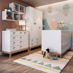 Quarto de Bebê com Berço 3 em 1 Cômoda Guarda Roupas e Nichos Duplos Favo de Marrom Completa Móveis Branco