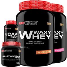 KIT 2x Whey Protein Waxy Whey 2kg + Glutamina 300g + BCAA 4800 120 Cápsulas - Bodybuilders (Morango e Cappuccino)