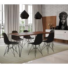 Mesa Sala De Jantar Industrial Amêndoa 135X75 Com 6 Cadeiras Pretas De Ferro Preto Cor: Marrom