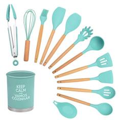 Kit Utensílios De Silicone Verde Com Cabo Madeira E Copo