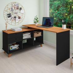 Escrivaninha Em L Com Duas Gavetas Artany Gold Cor Preto Com Freijo