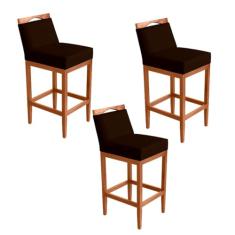 Kit 3 Banquetas Alta Lyara em Madeira Maciça com Encosto Estofada