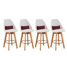 Kit 04 Banquetas Alta Maya Giratória Com Encosto Linho Bege Claro e Almofada Sintético Bordô - Aurora Line