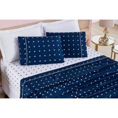 Jogo De Cama Lençol Casal Poá 4 Peças Micro 200 Fios Azul - Nathalia E