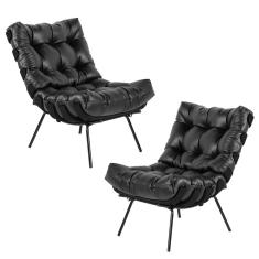 Kit 2 Poltrona Decorativa Sala de Estar Costela Base Preta Couro Preto - Gran Belo