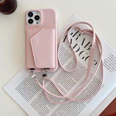 Colar cordão corrente capa de telefone de couro para iPhone 14 13 12 11 Pro Max 7 8 Plus SE XR XS Max cordão corda com capa carteira, rosa, para iPhone 13