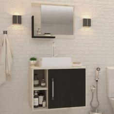 Armário De Banheiro Com Cuba E Espelho 1 Porta 2 Prateleiras Snow/preto ônix 13687 - Compace