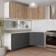 Cozinha Modulada 6 Peças sem Tampo sem Rodapé 3 Aéreos e 3 Balcões Ipanema Cabecasa Madeiramadeira Grafite Trama/Acácia