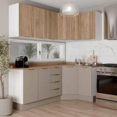 Cozinha Modulada 6 Peças com Tampo e Rodapé 3 Aéreos e 3 Balcões Ipanema Cabecasa Madeiramadeira Cinza Trama/Acácia